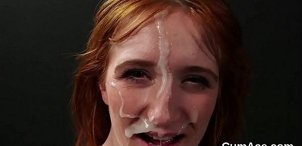  Foxy bombshell gets cum load on her face swallowing all the cum